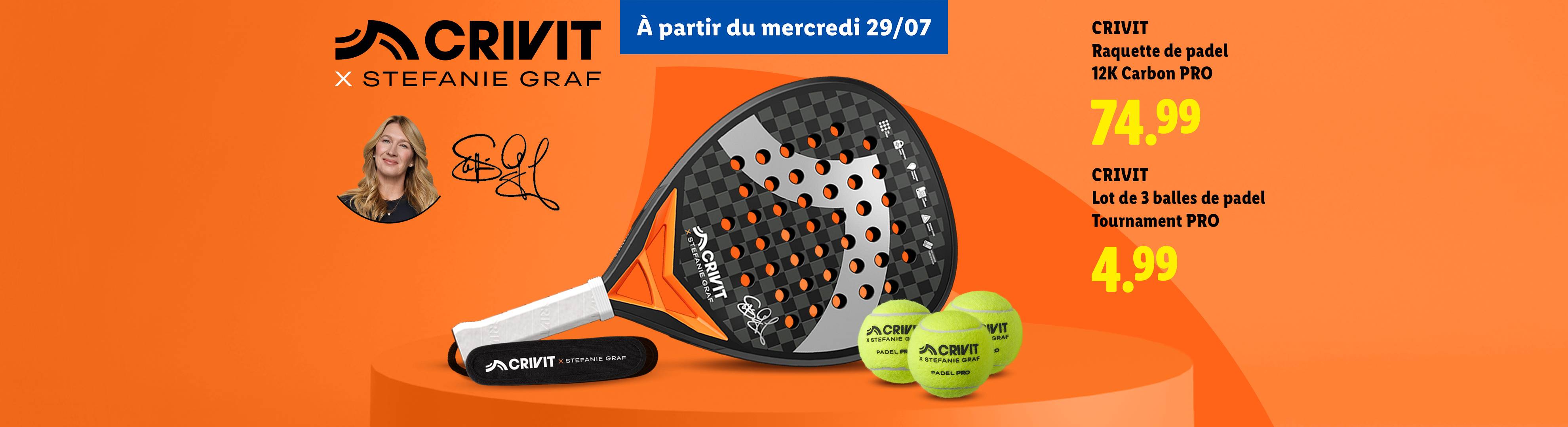 Publicité pour une raquette de padel et des balles, avec une joueuse de tennis et des prix.