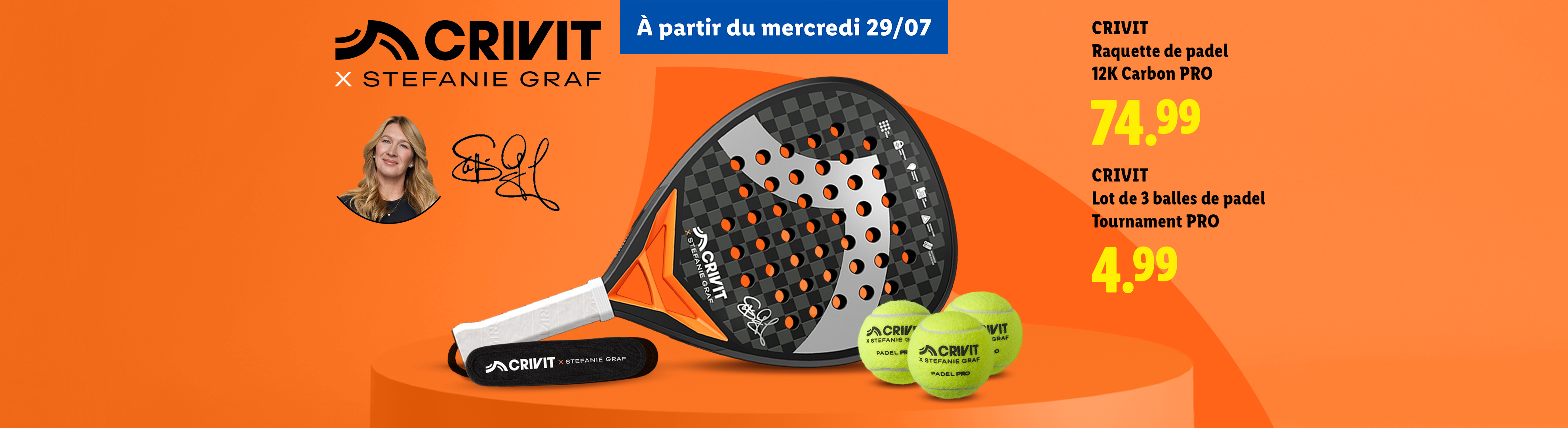 Publicité pour une raquette de padel et des balles, avec une joueuse de tennis et des prix.