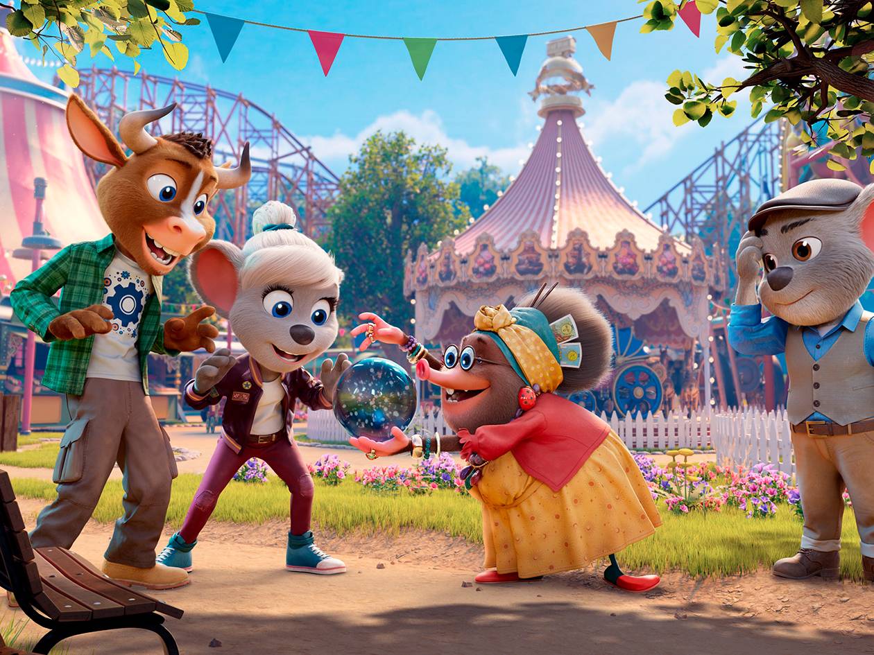 Des personnages de dessins animés se tiennent près d'une grande roue et d'un carrousel.