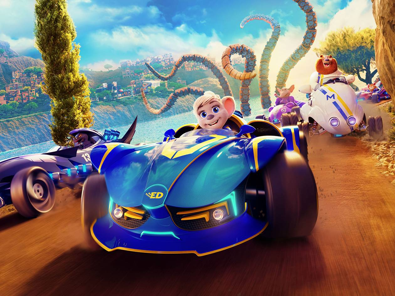Une course de kart animée avec des personnages mignons et des véhicules futuristes.