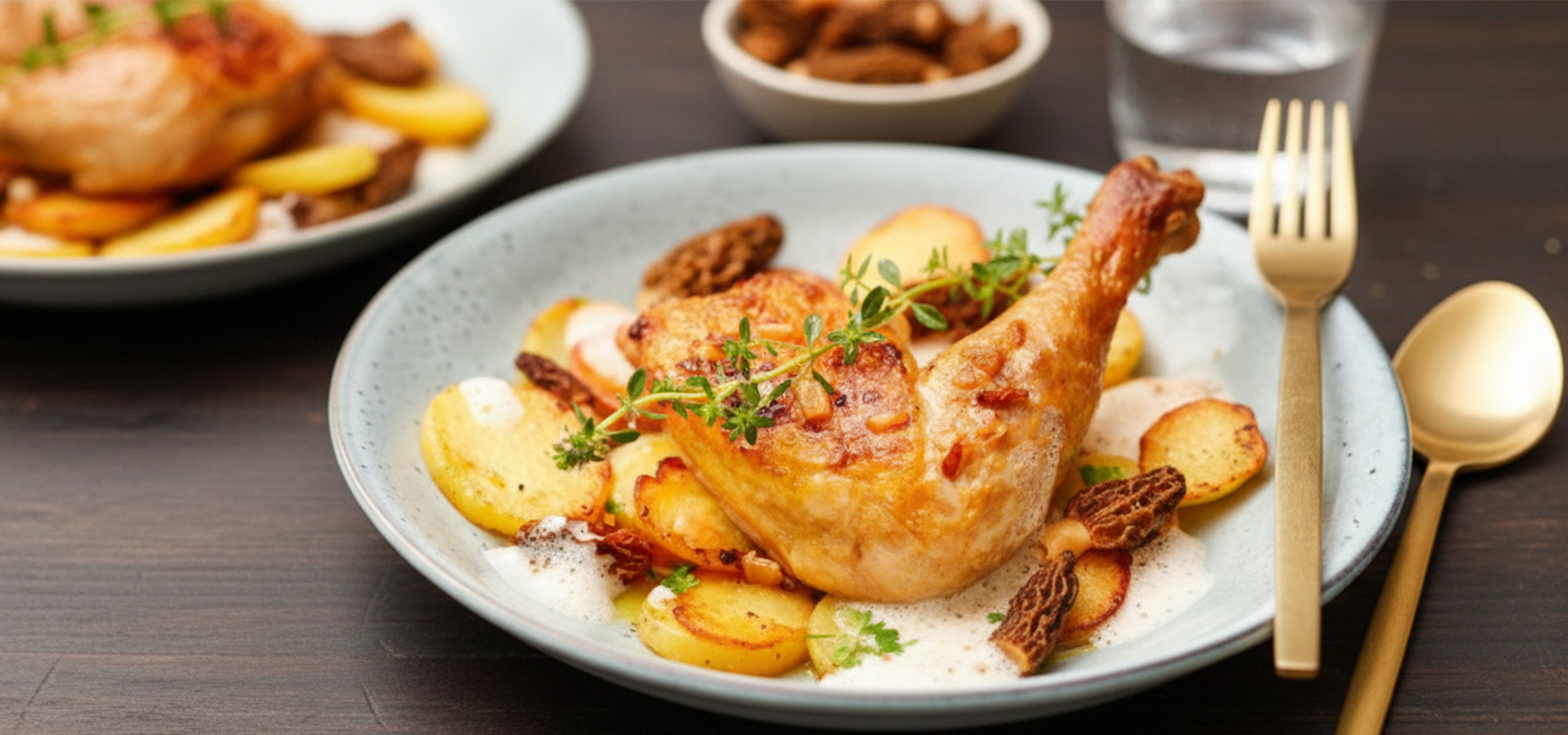 Cuisse de poulet rôtie avec pommes de terre, morilles et sauce crémeuse