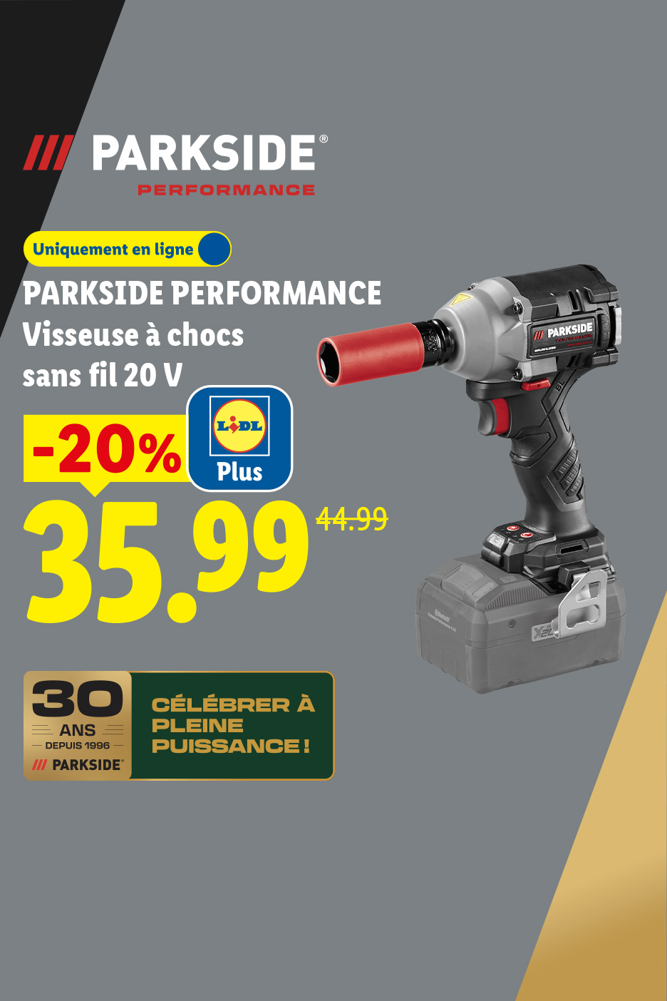 Une visseuse à chocs sans fil 20 V en promotion à 35,99 €, avec une réduction de 20 %.