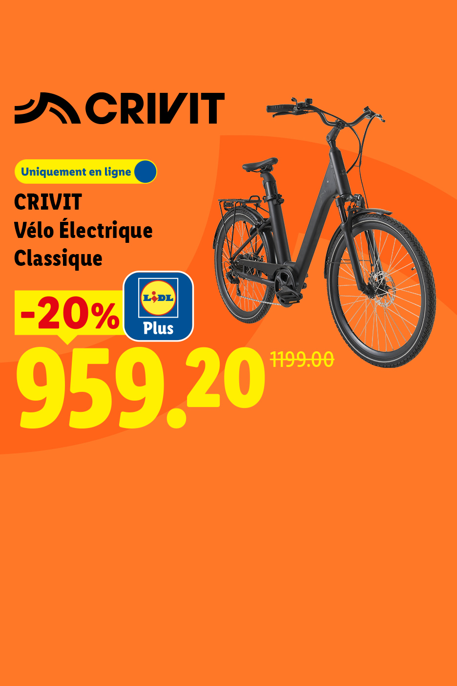 Vélo électrique classique noir en promotion à 959,20€, avec une réduction de 20%.