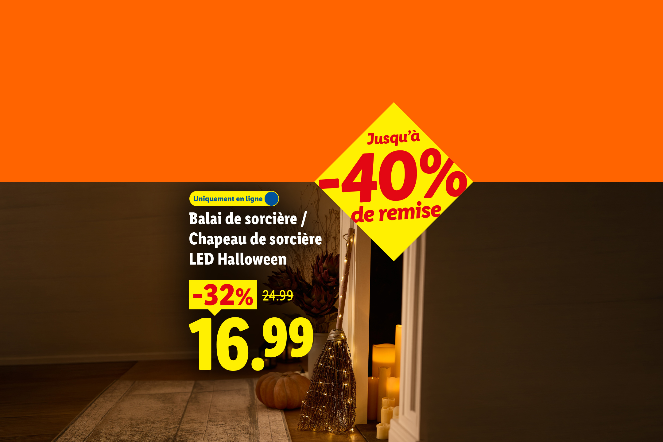 Balai de sorcière LED Halloween avec réduction de 32%.